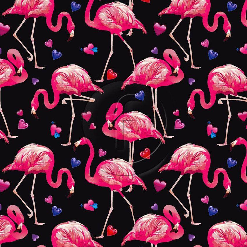 Flamingo Hearts Black, Cartoon, Animal Printed Stretch Fabric