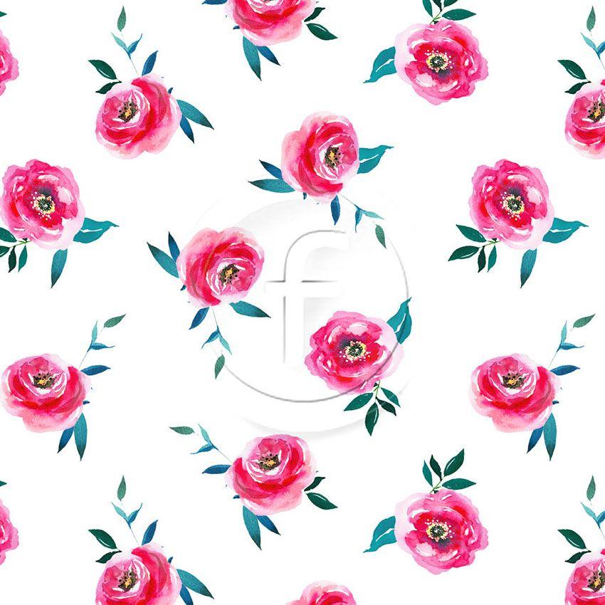 Blossom Rosa, Floral, Vintage Retro Scalable Stretch Fabric: White