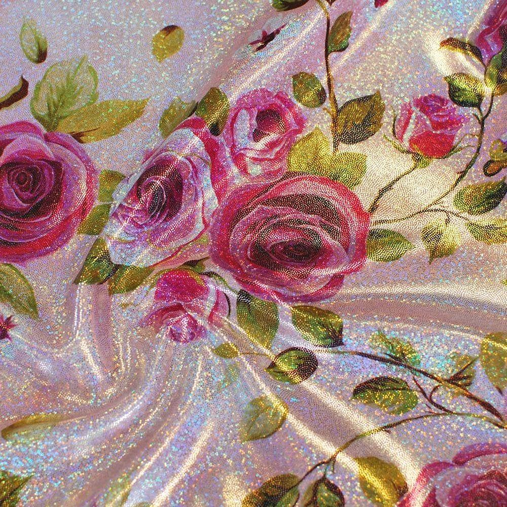 Painted Rose On Hkm2007 Silver Hologram Shine - Foiled Printed Stretch Fabric