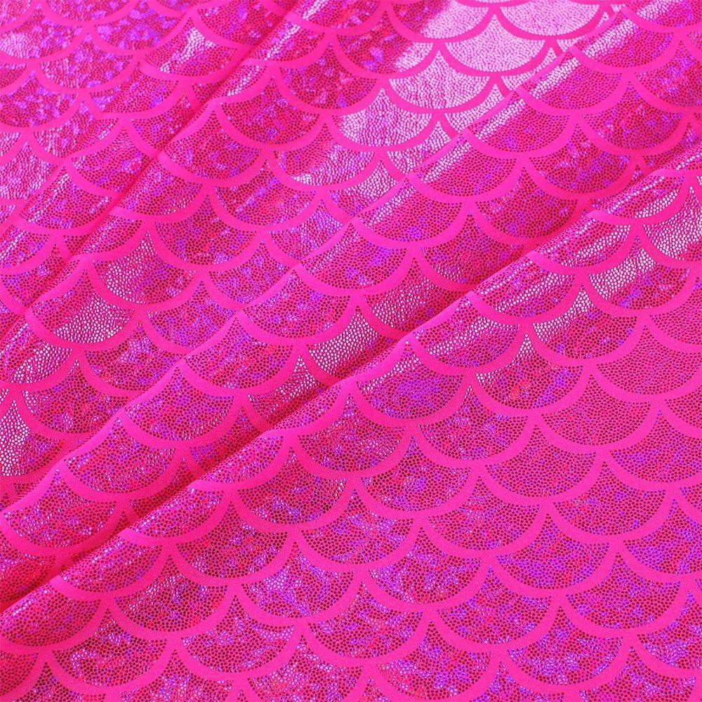 Cerise Hologram Mermaid Foil On Flo Pink Shiny Nylon Stretch Lycra