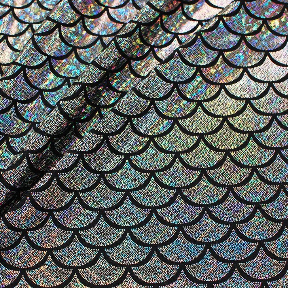 Silver Hologram Mermaid Foil On Black Shiny Nylon Stretch Lycra