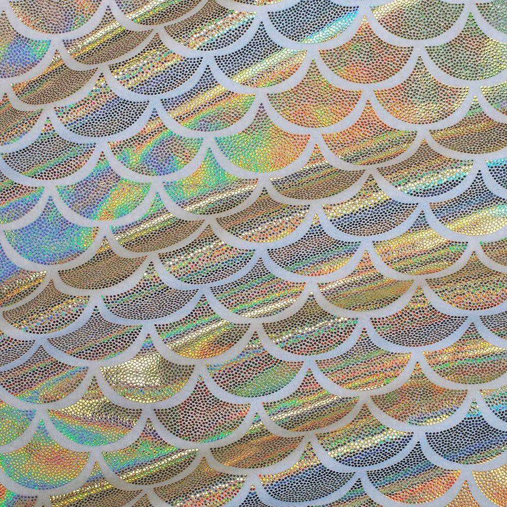 Gold Lazer Mermaid Foil On White Life Recycled Stretch Nylon Fabric