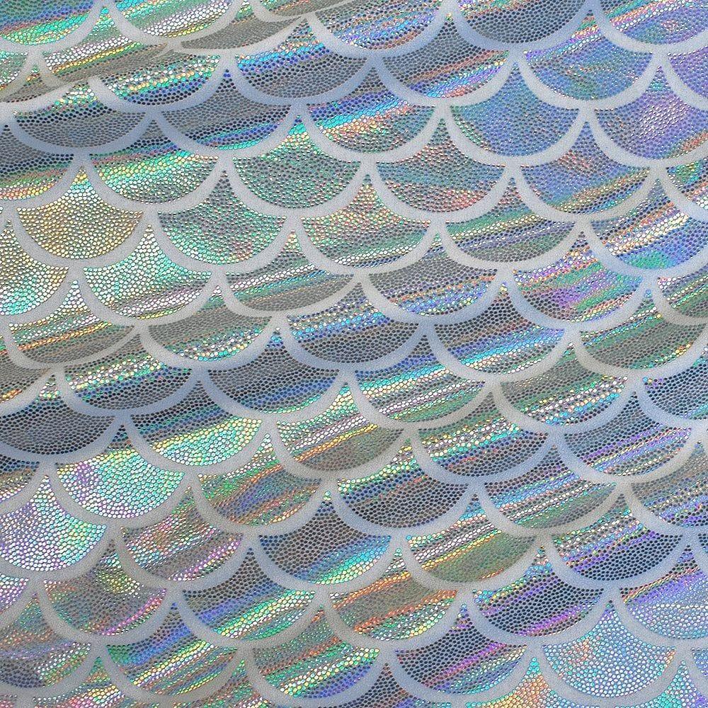 Silver Lazer Mermaid Foil On White Life Recycled Stretch Nylon Fabric