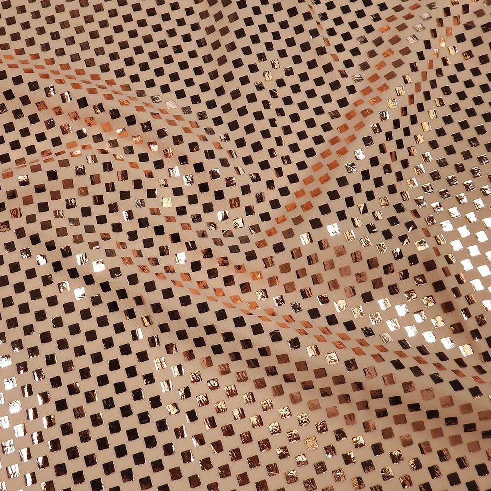 Copper Chequers Foil On Champagne Matt Nylon Stretch Lycra