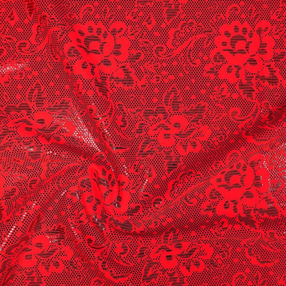Black Lace Foil On Neon Red Matt Nylon Stretch Lycra