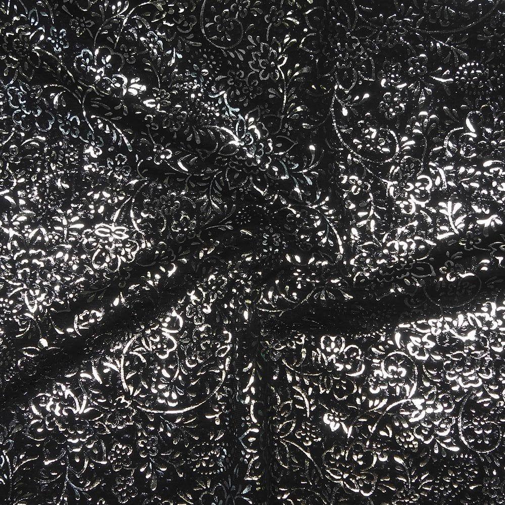 Clearance - Silver Metallic Floral Foil On Alicante Black Stretch Net