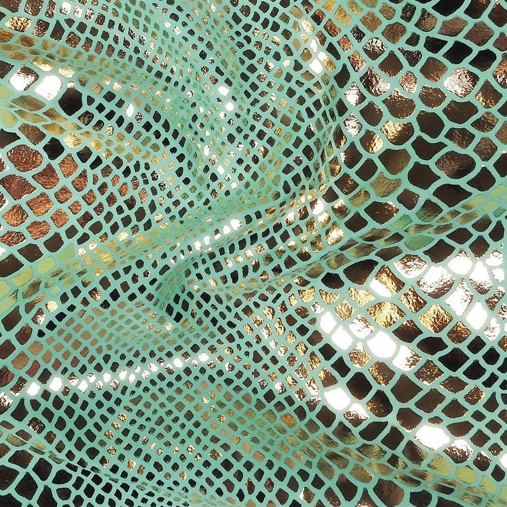 Gold Metallic Snake Foil On Minty Life Recycled Stretch Nylon Fabric
