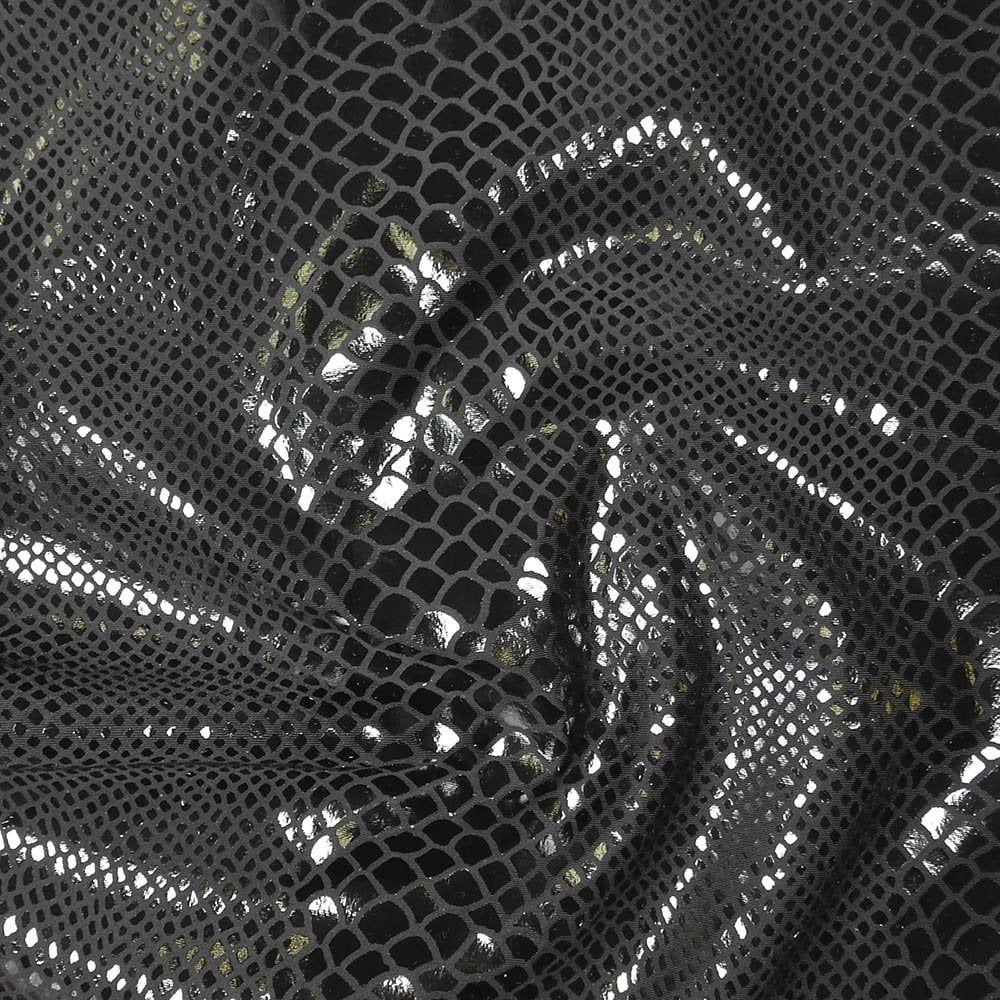 Black Metallic Snake Foil On Black Life Recycled Stretch Nylon Fabric