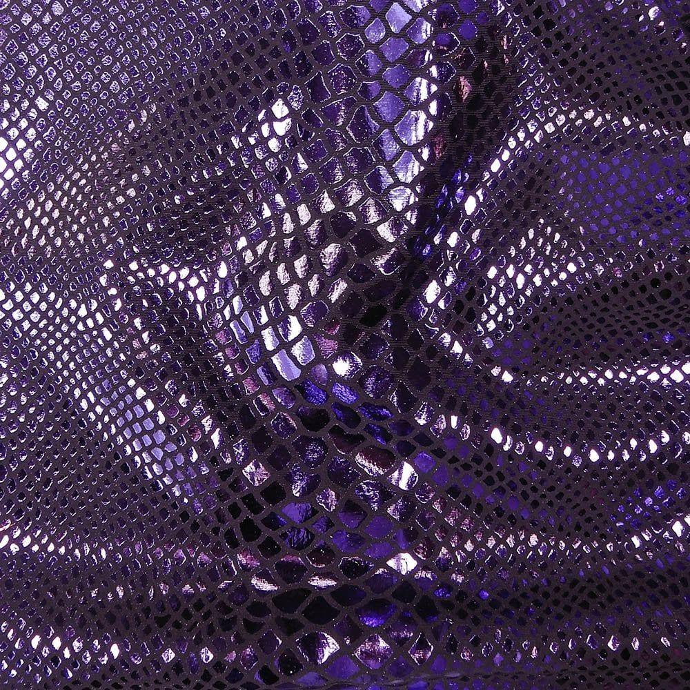 Purple Metallic Snake Foil On Black Life Recycled Stretch Nylon Fabric