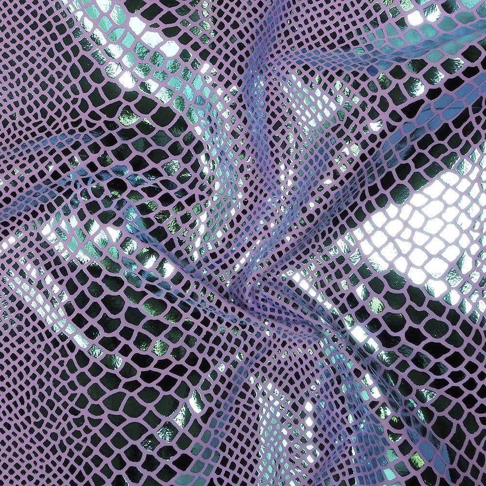 Aqua Metallic Snake Foil On Lavender Life Recycled Stretch Nylon Fabric