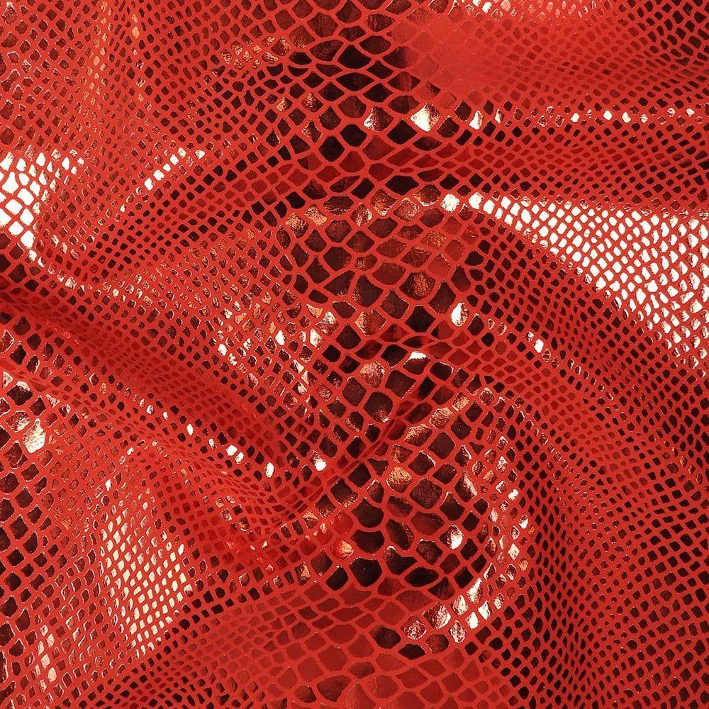 Red Metallic Snake Foil On Fire Life Recycled Stretch Nylon Fabric