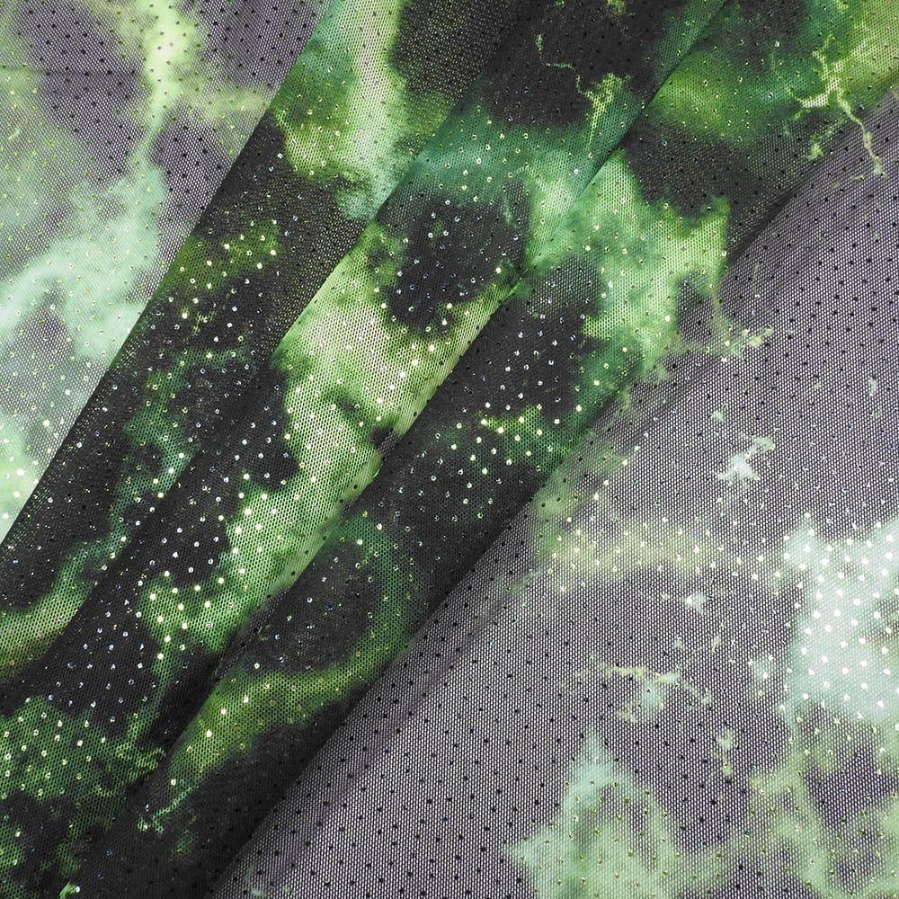 Marble Lightning Green On Glint - Printed Foiled Stretch Net Fabric