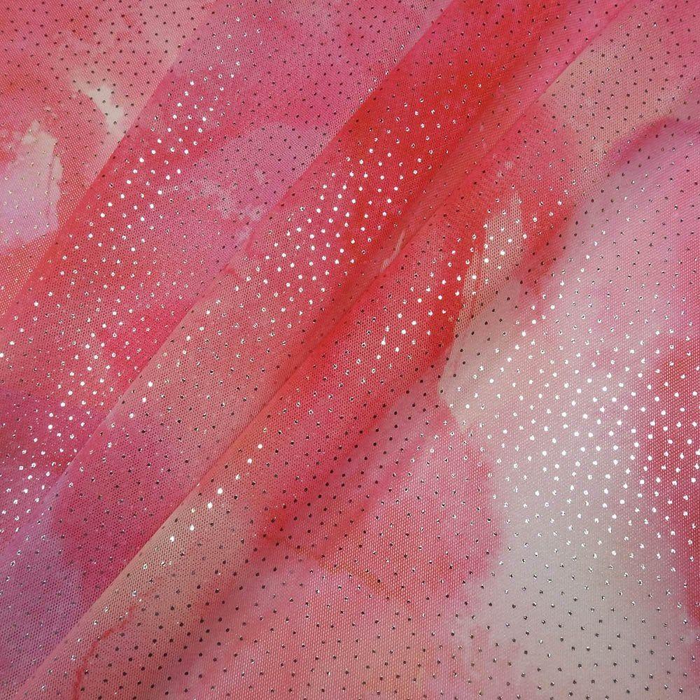 Water Marble Pink Red On Glint - Printed Foiled Stretch Net Fabric