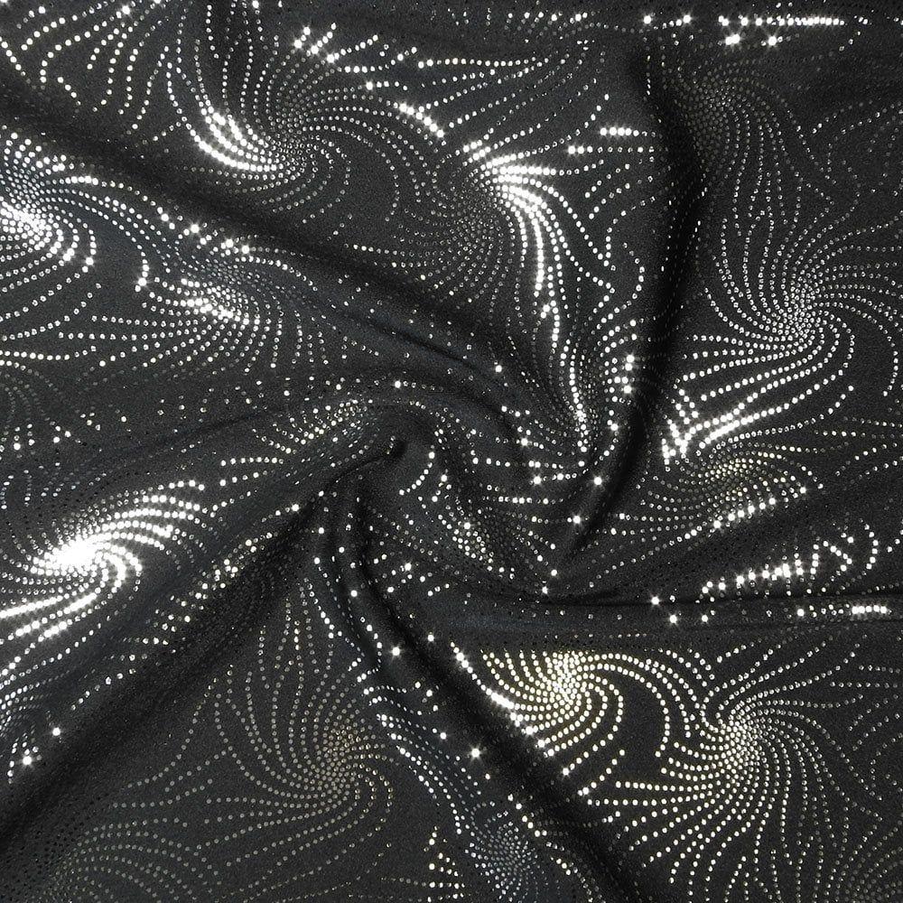 Clearance - Silver Metallic Firework Foil On Ne3008 Black Shiny Stretch Nylon