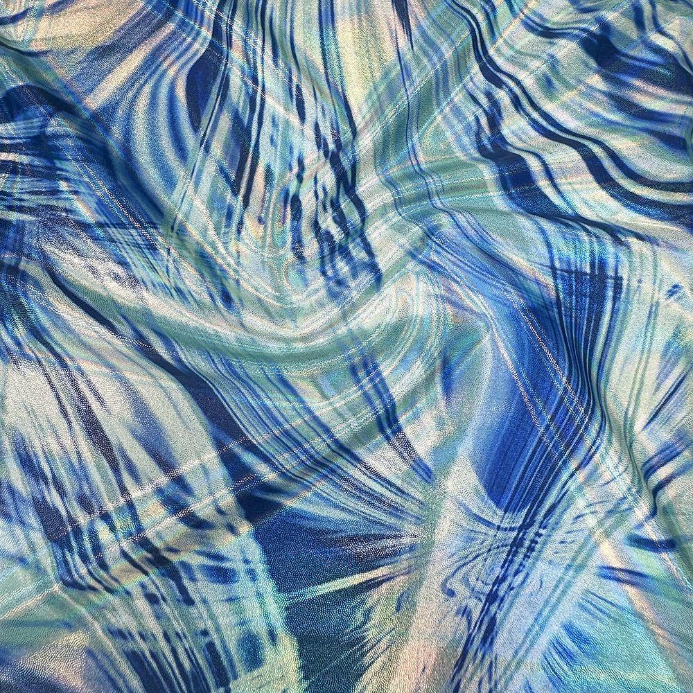 Digital City Lights Turq Blue - Printed Lazer Shine Foil Stretch Fabric