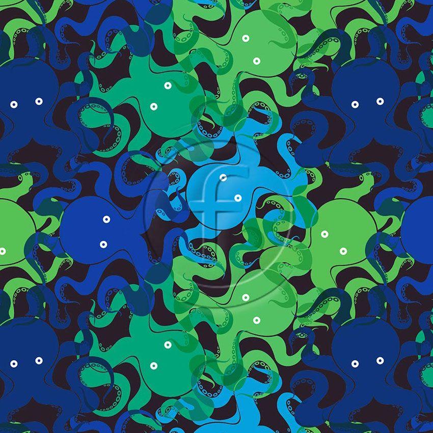 Octopus Aqua, Fluorescent, Animal Printed Stretch Fabric: Blue/Green