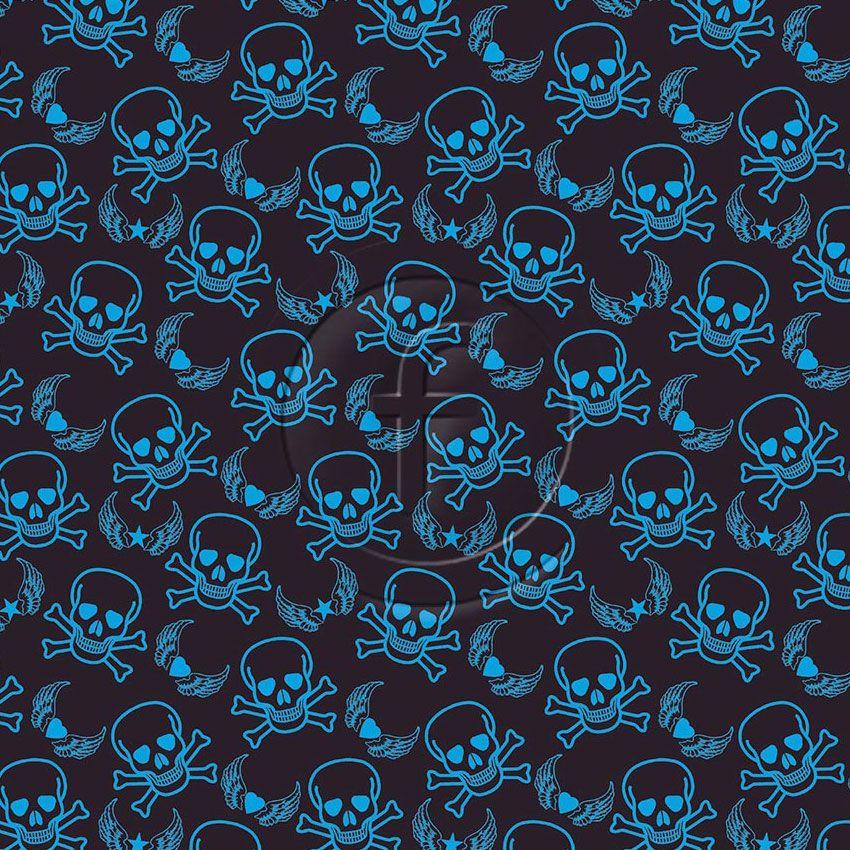 Skull & Crossbones Turquoise, Street Style Printed Stretch Fabric: Black/Blue