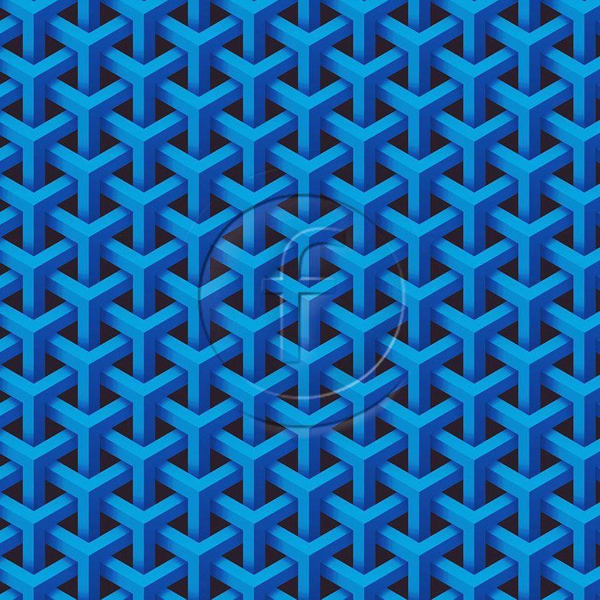 3D Geo Blue Black, Geometric, Fluorescent Printed Stretch Fabric
