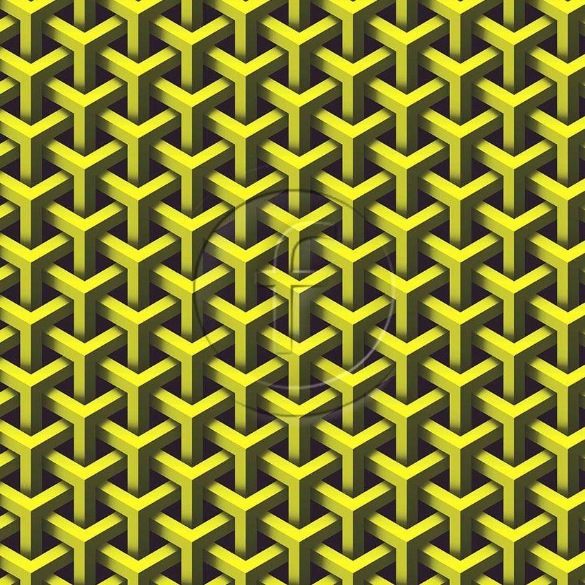 3D Geo Yellow Black, Geometric, Fluorescent Printed Stretch Fabric