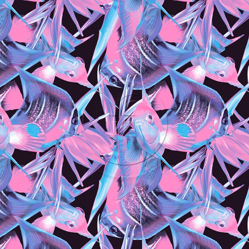 Abstract Goldfish Pattern Pink and Turquoise Fluorescent Printed Stretch Fabric