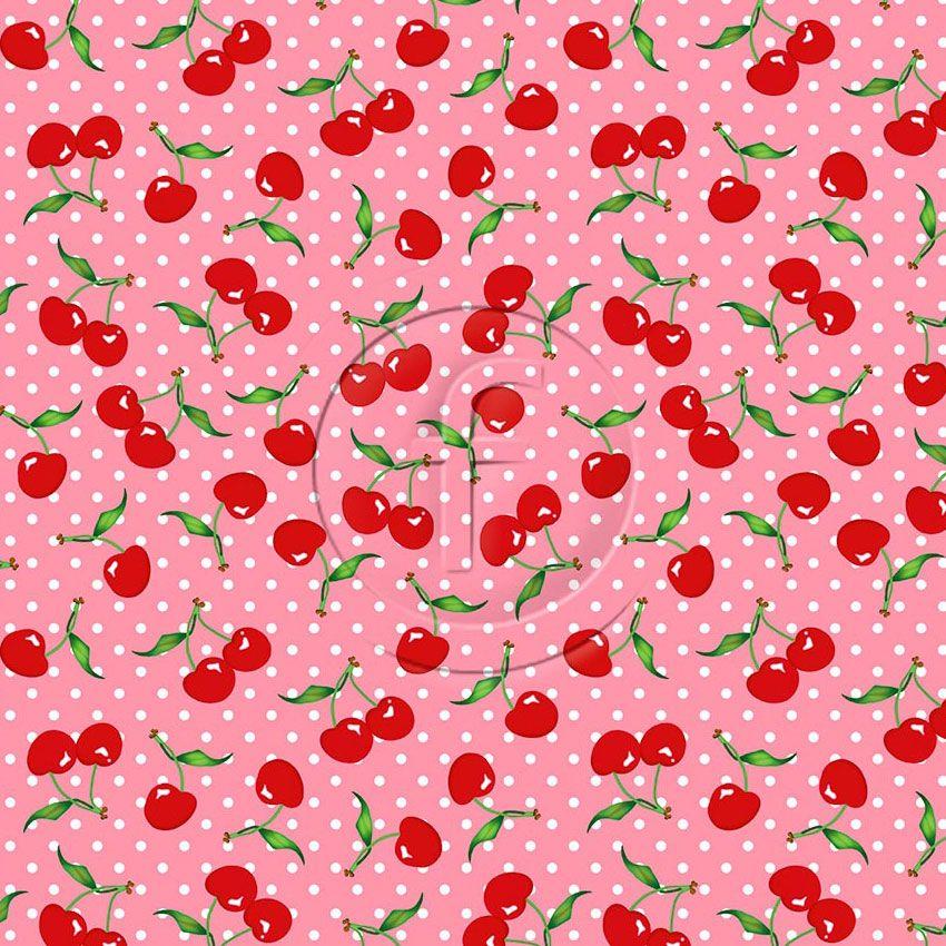 Cherry White Spots On Pink, Spotted Printed Stretch Fabric