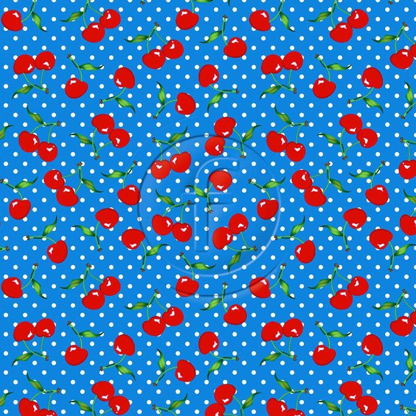 Cherry White Spots On Blue, Spotted Printed Stretch Fabric