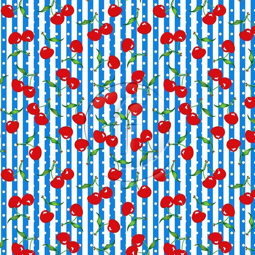 Cherry White Stripe & Spot On Blue, Spotted, Striped Printed Stretch Fabric