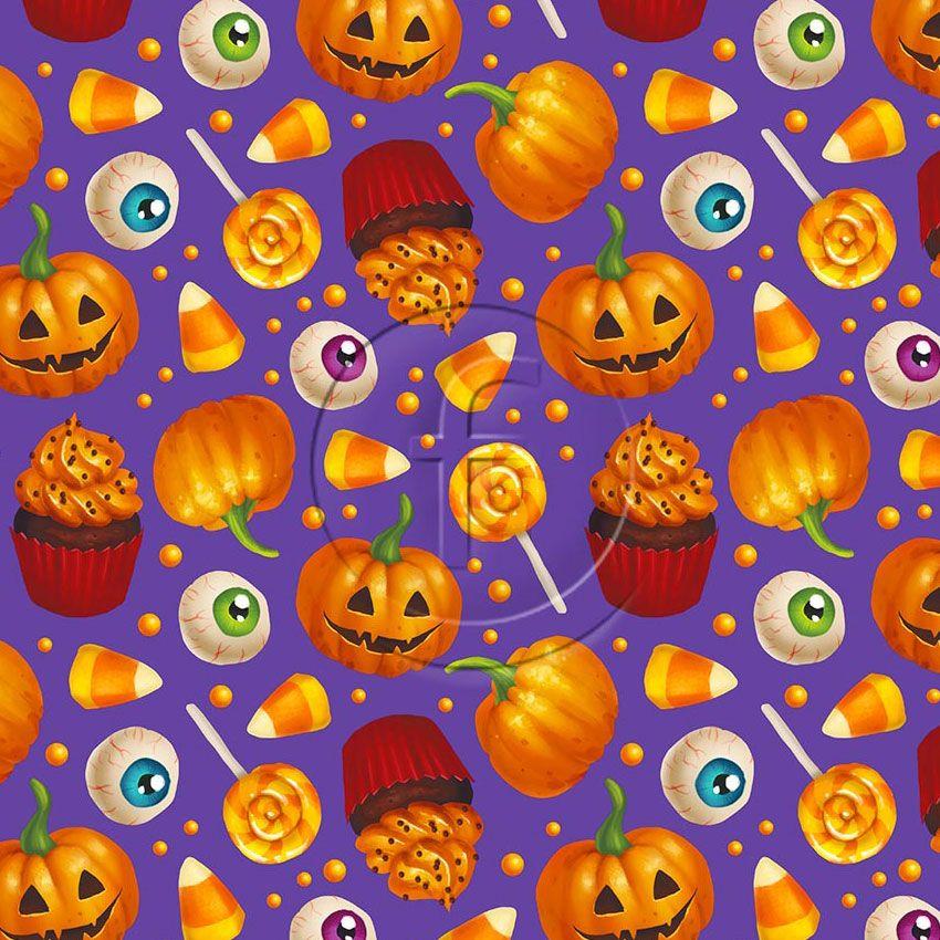 Pumpkin Party, Cartoon, Halloween Printed Stretch Fabric: Orange/Purple