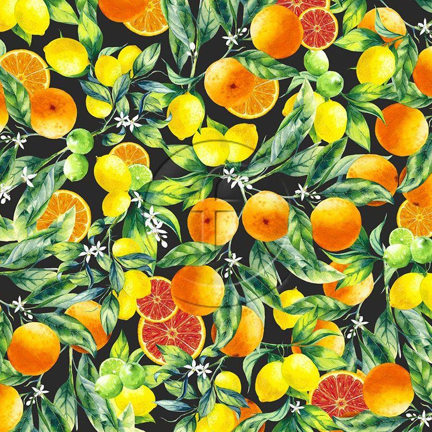 Oranges & Lemons On Black, Floral Printed Stretch Fabric