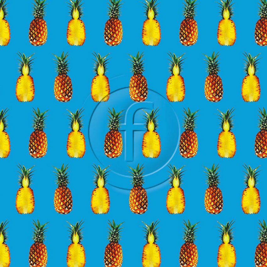 Pineapple Turquoise, Tropical, Image Printed Stretch Fabric: Blue