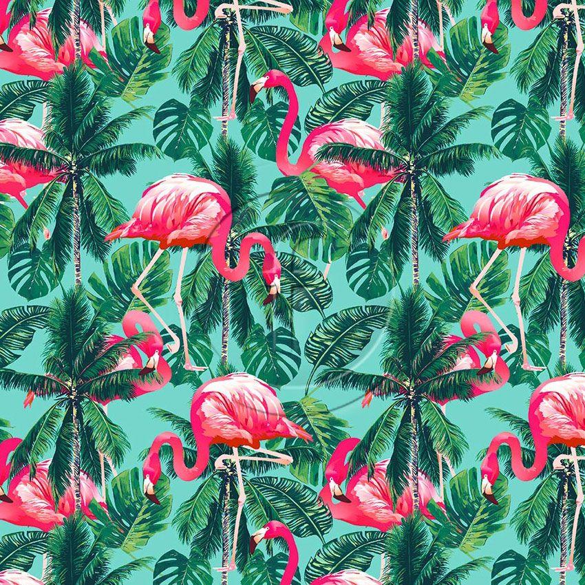 Flamingo, Cartoon, Animal Printed Stretch Fabric: Green