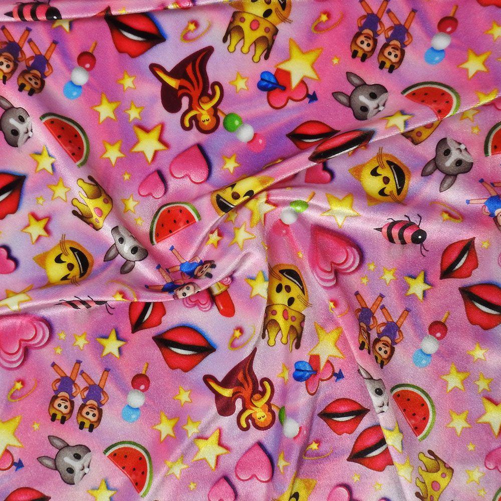 Emoji Dancer on Velvet Printed Stretch Fabric: Pink