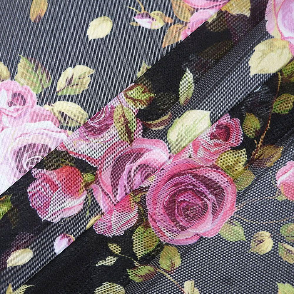 Painted Rose Black on Net Printed Stretch Fabric