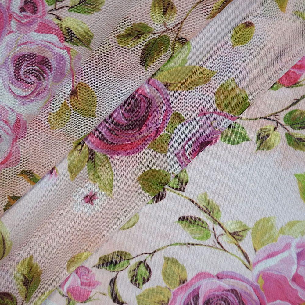 Painted Rose Pink on Net Printed Stretch Fabric