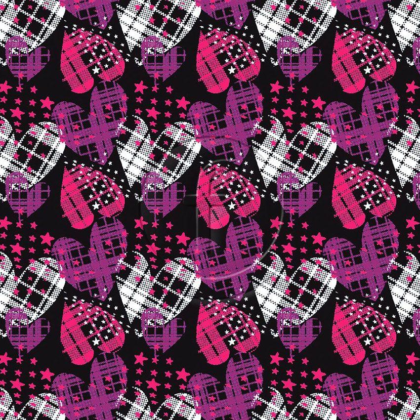 Checkered Hearts Pink, Checked Printed Stretch Fabric