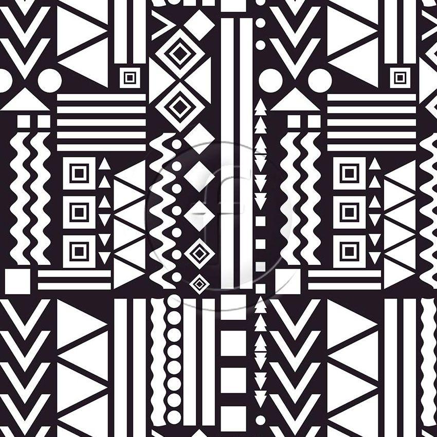 Tribal White On Black, Geometric Printed Stretch Fabric