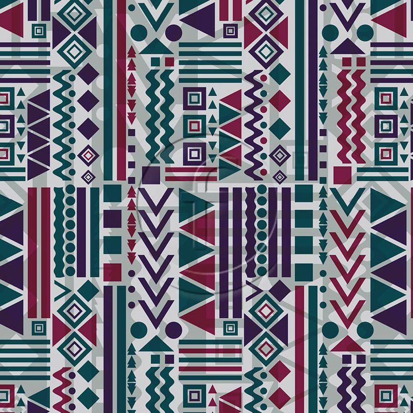 Tribal Geo, Geometric Printed Stretch Fabric: Green/Purple
