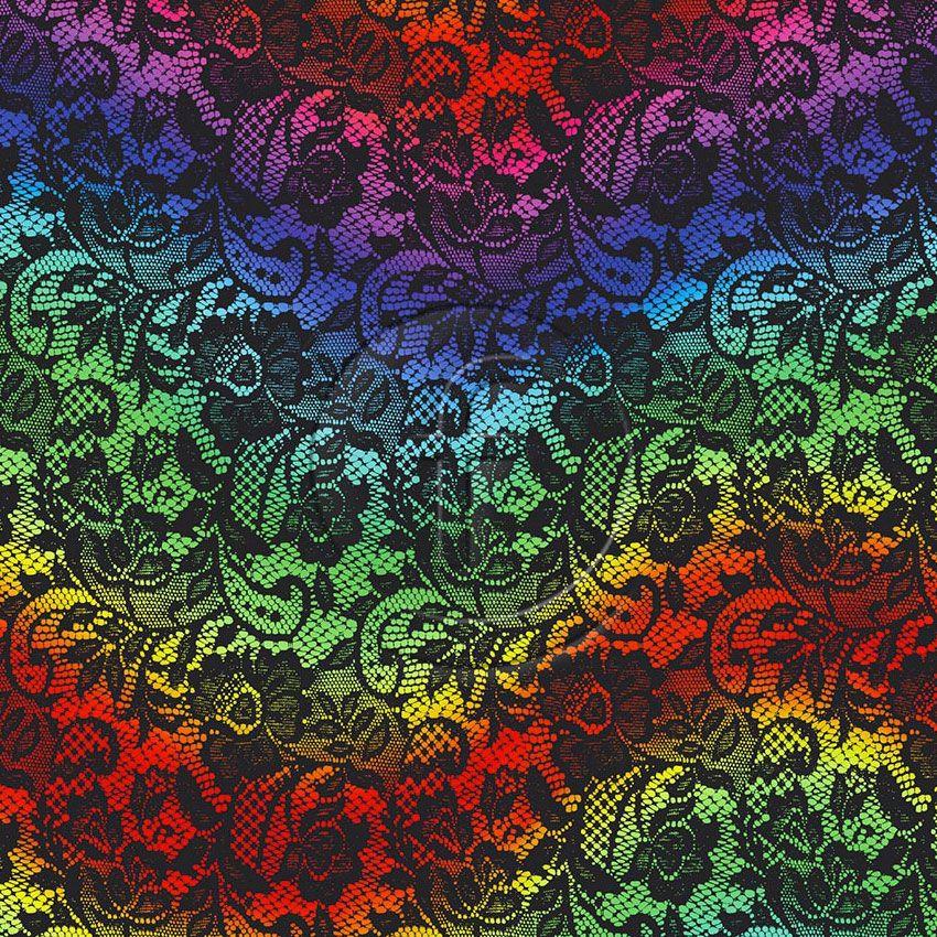 Floral Lace On Rainbow, Textured, Floral Rainbow Printed Stretch Fabric: Multicolour
