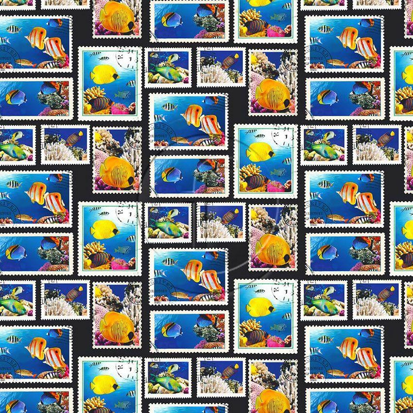 Underwater Stamps, Tropical, Animal Printed Stretch Fabric: Blue/Multicolour