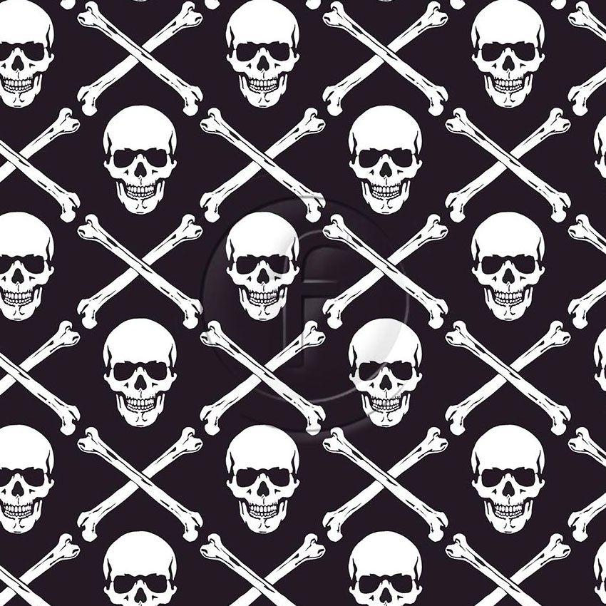 Jolly Roger Black On White, Halloween Printed Stretch Fabric