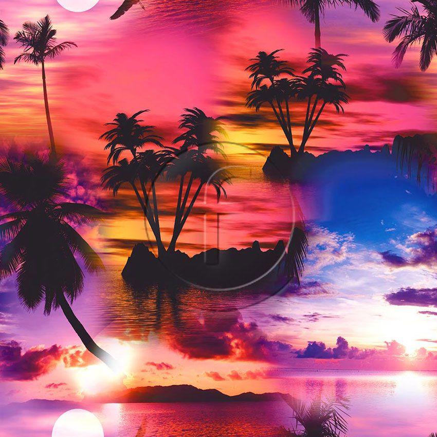 Tropical Sunset Printed Stretch Fabric: Pink/Purple