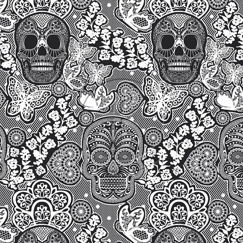 Skull Lace Black White, Floral Printed Stretch Fabric