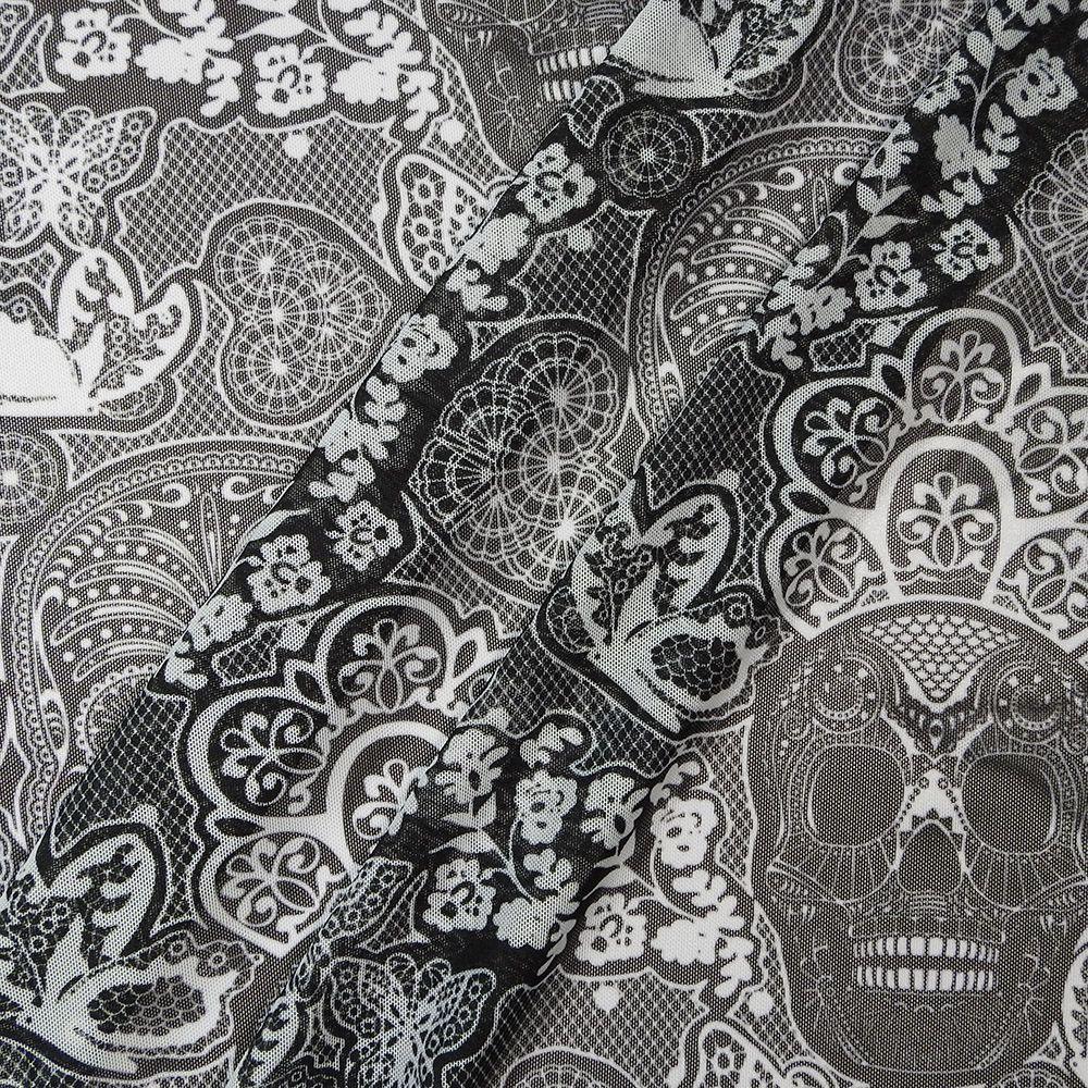 Skull Lace on Net Printed Stretch Fabric: Black