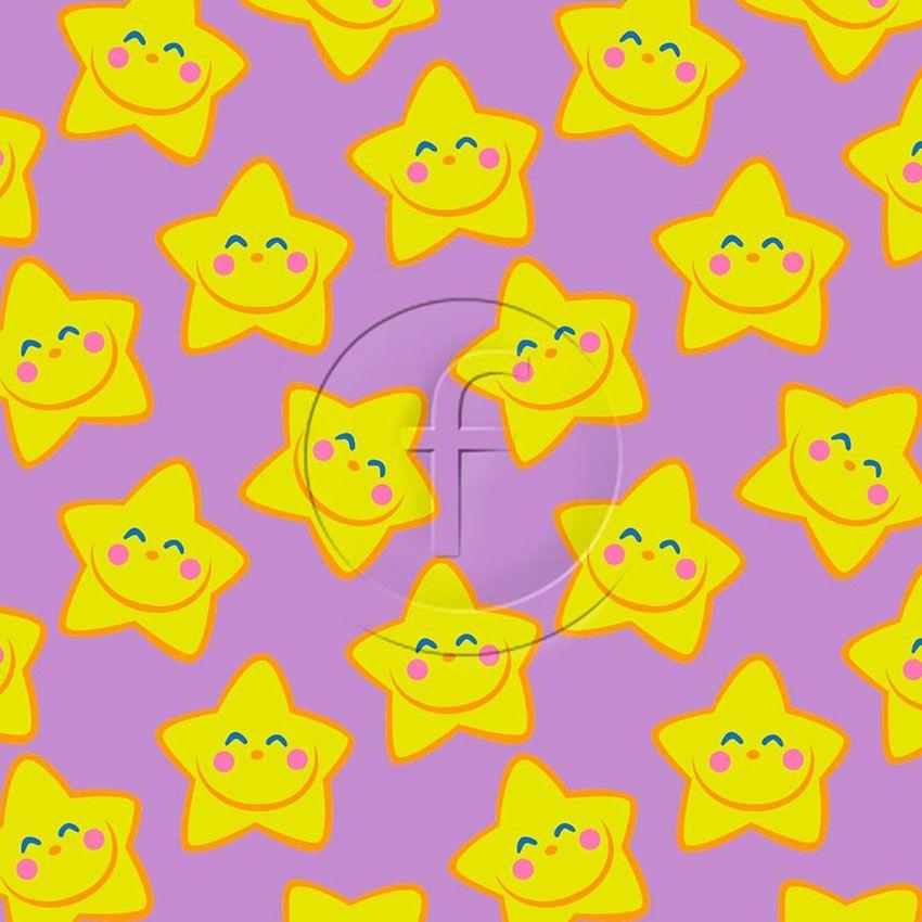 Smiley Star Lilac Bright, Starred, Cartoon Printed Stretch Fabric: Purple/Yellow