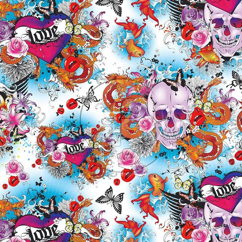 Skulls And Roses, Street Style Printed Stretch Fabric: Blue