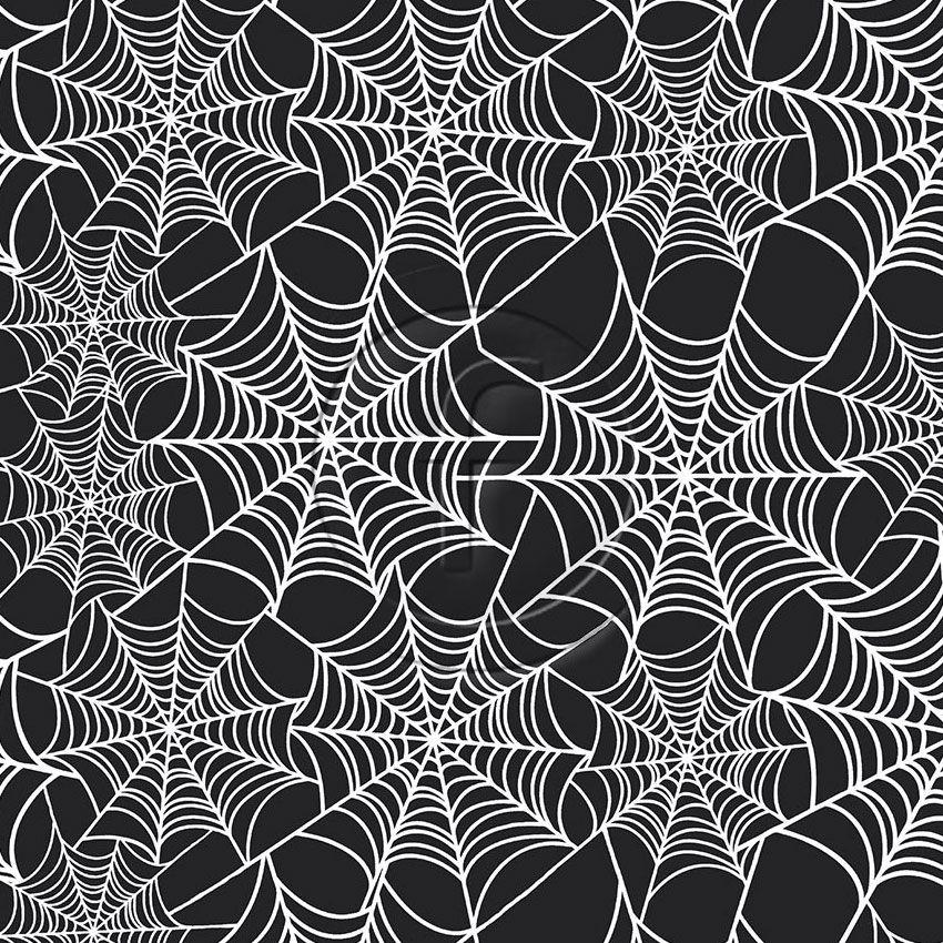 Spider Web White On Black, Cartoon, Halloween Printed Stretch Fabric