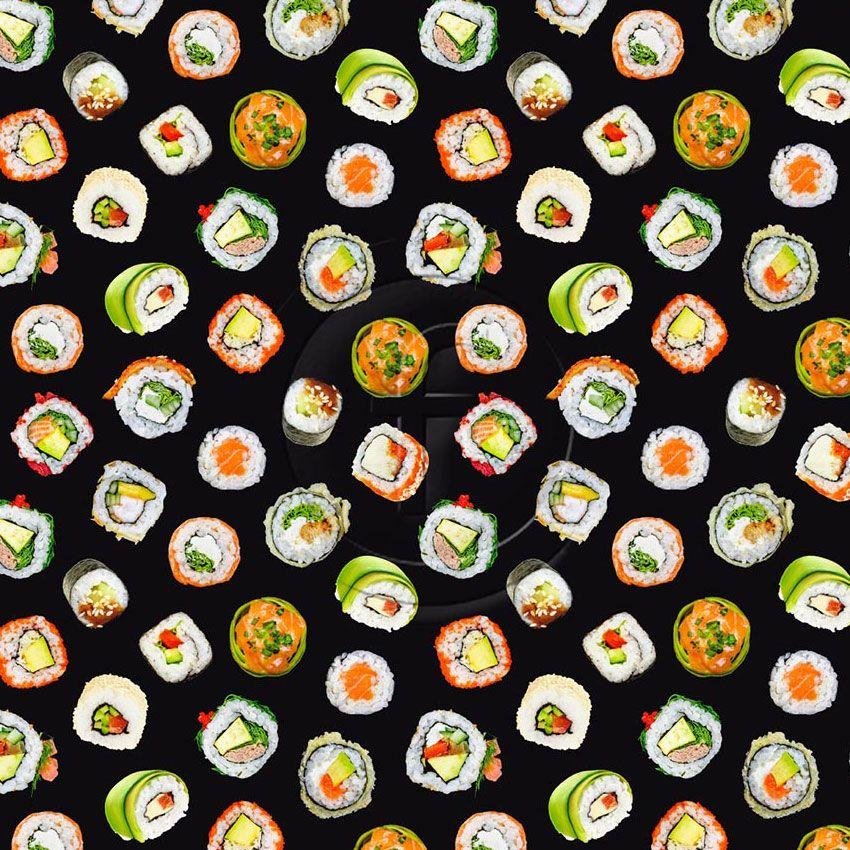 Sushi, Japanese, Image Printed Stretch Fabric: Black