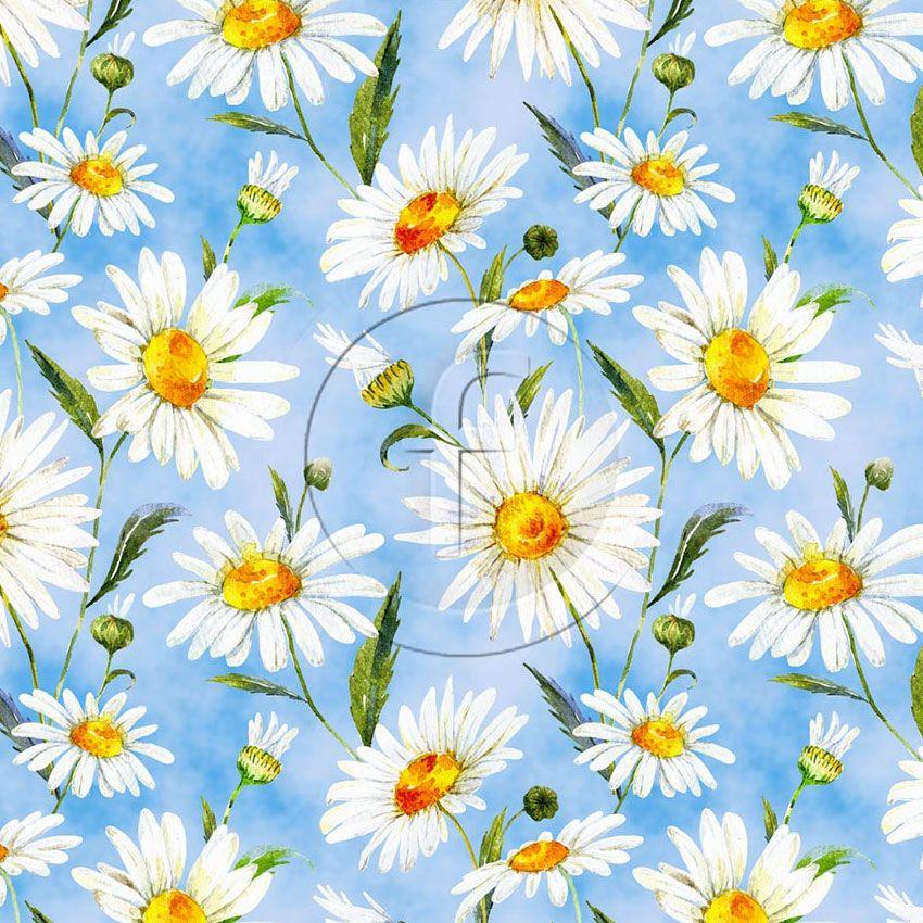 Watercolour Daisy Sky, Floral Printed Stretch Fabric: Blue
