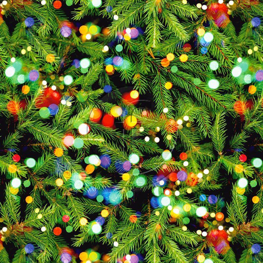 Christmas Fir Lights Printed Stretch Fabric: Green/Multicolour