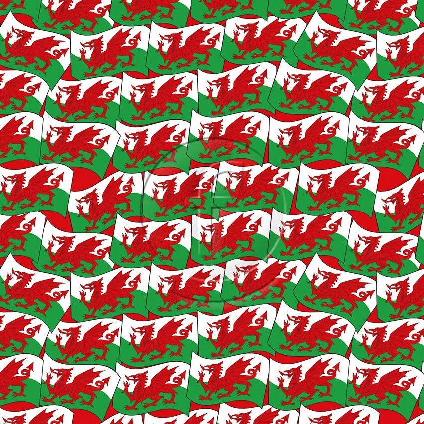 Welsh Dragon, Flag Printed Stretch Fabric: Green/Red/White